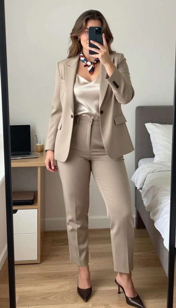 Curvy young professional in silk camisole, high-waisted trousers, and blazer, standing confidently in a bright office or mirror selfie.
