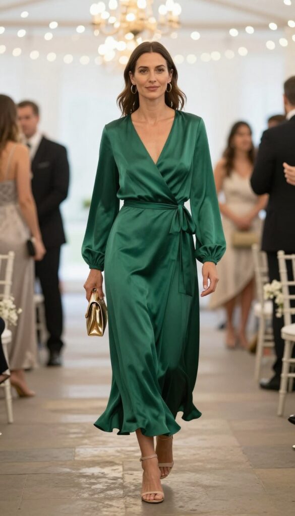 Woman in emerald green silk crepe wrap dress with gold jewelry and nude heels at evening wedding reception