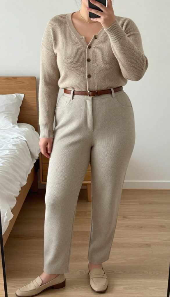 Woman wearing a longline cardigan buttoned as a top with a belt, high-waisted trousers, and loafers, standing in a mirror selfie pose.