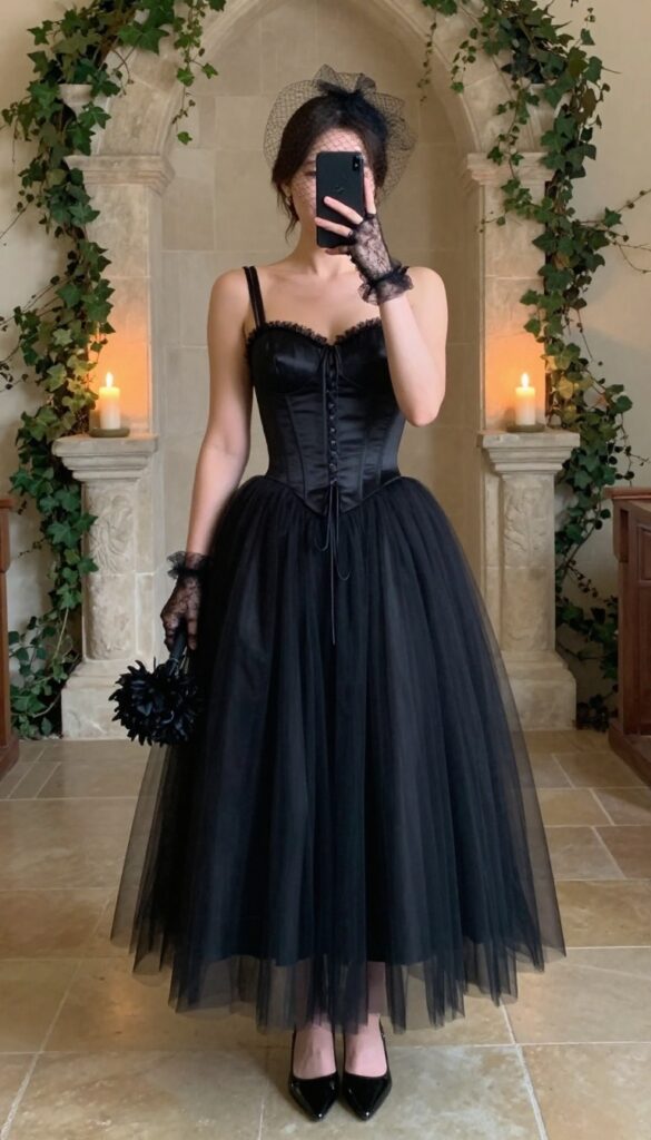 Woman in black corset top and tulle skirt with birdcage veil in stone chapel