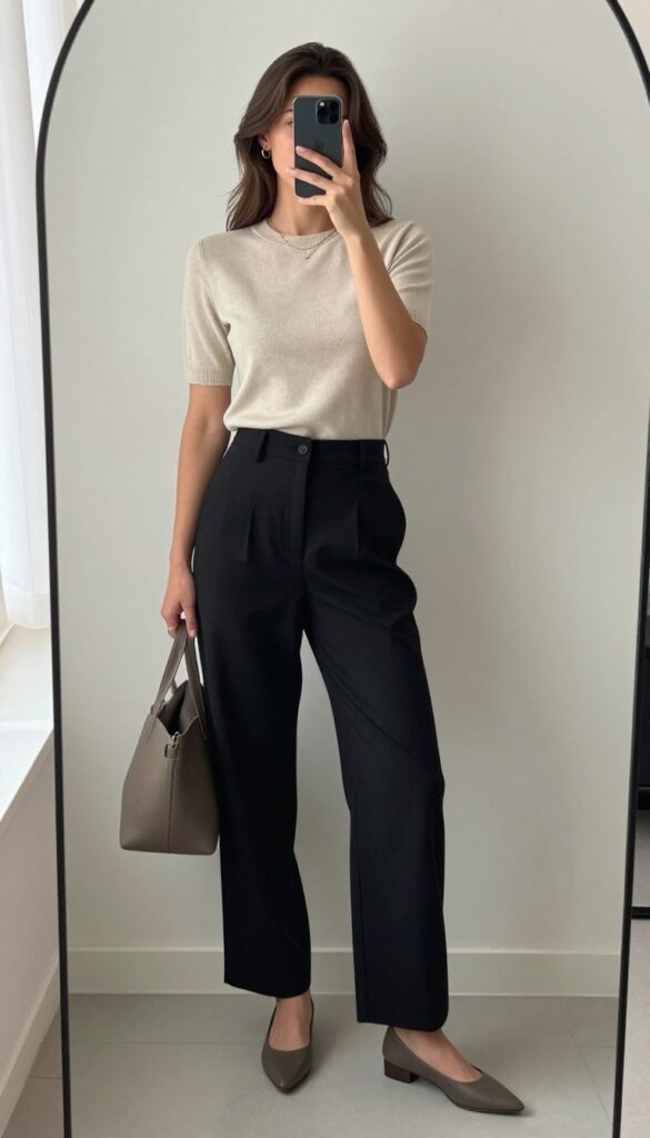 Woman in fitted knit top and high-waisted wide-leg trousers, taking a mirror selfie in a bright, minimal room. Business casual outfit with neutral tones and minimal accessories.