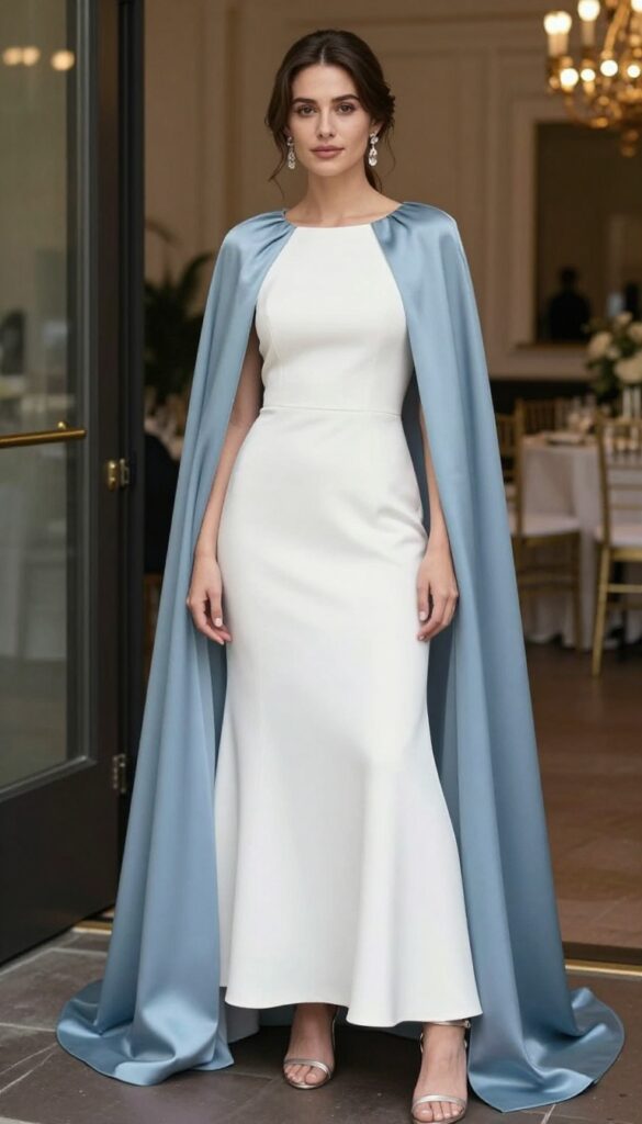 Woman in white ballgown with dusty blue satin cape, crystal earrings, silver heels, in ballroom
