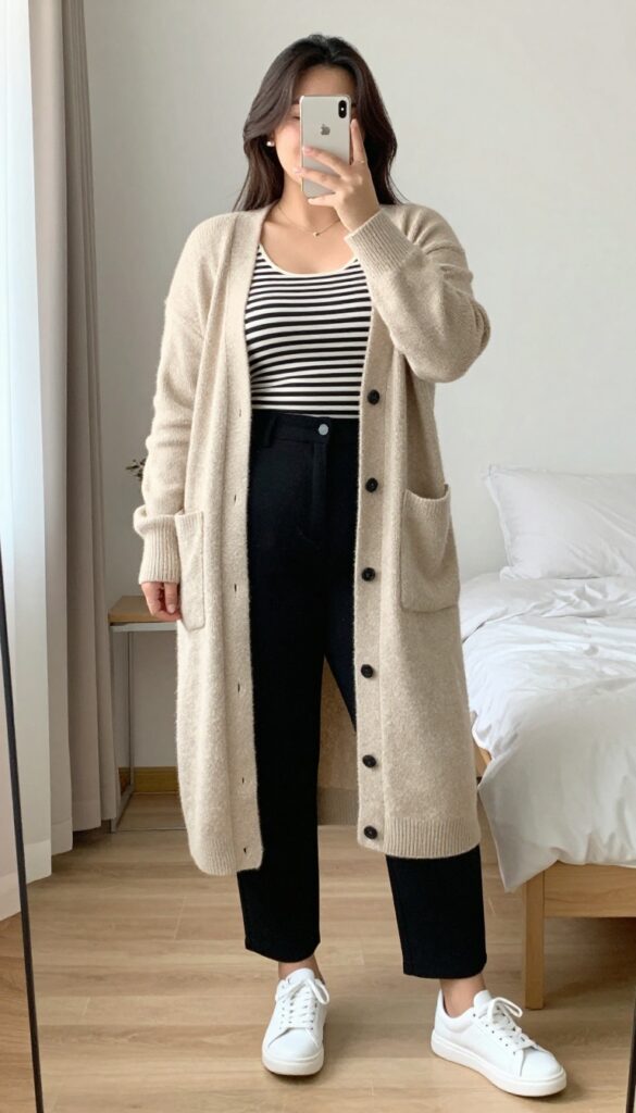 Woman in camel cardigan, striped top, and black trousers, accessorized with gold jewelry and sneakers, exuding effortless French-girl style.