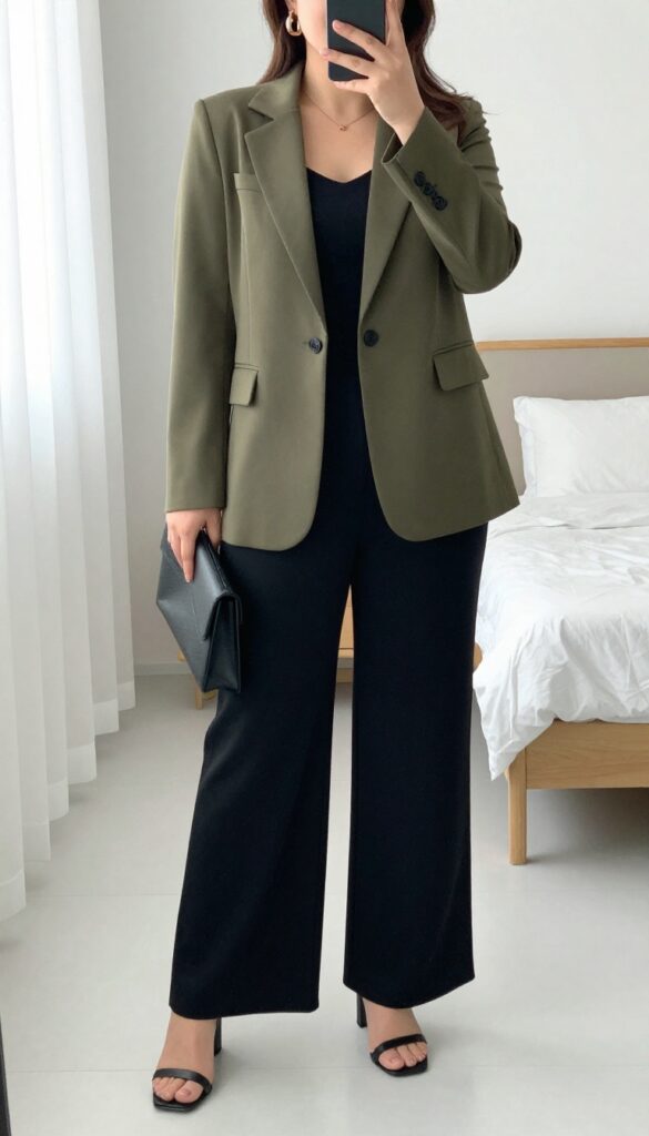 A woman in a wide-leg jumpsuit and blazer with statement earrings, posing in a mirror selfie, partially covering her face with her phone.