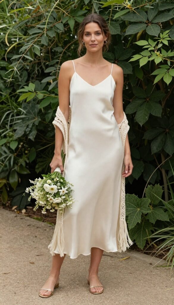 Woman in her late 20s with light brown hair in a low messy bun, wearing an ivory satin slip dress and an open cream crochet kimono with fringe trim, standing barefoot on a wooden deck at a garden wedding, holding a small bouquet of wildflowers.