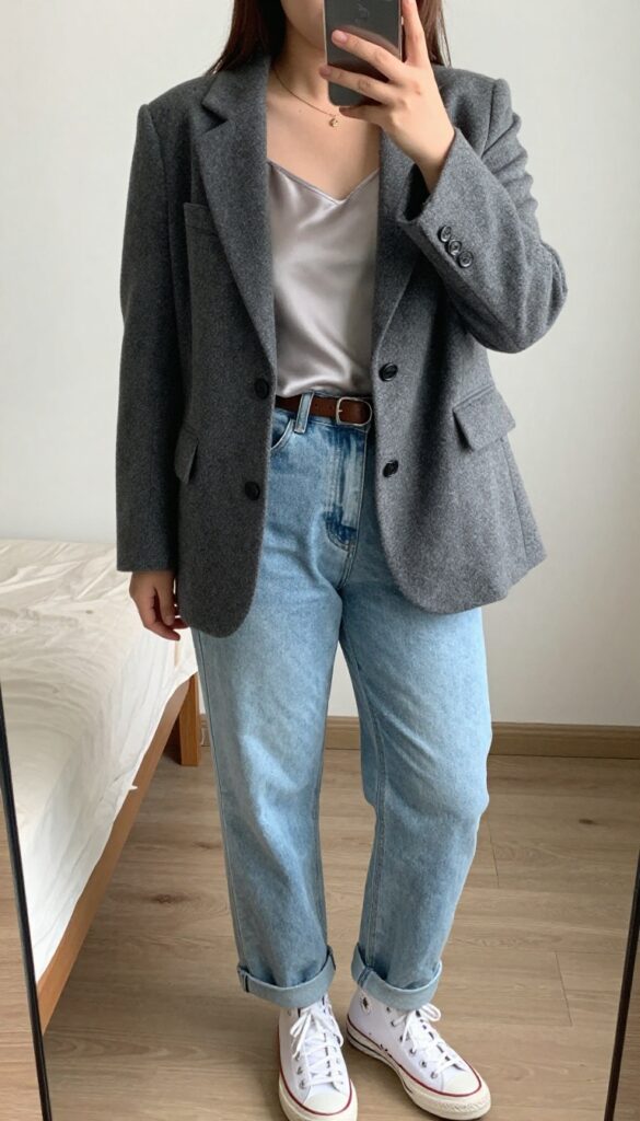 Woman in gray blazer, silk camisole, light jeans, white Converse, posing in mirror selfie.
