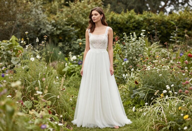Woman in square neckline boho tulle wedding dress in garden