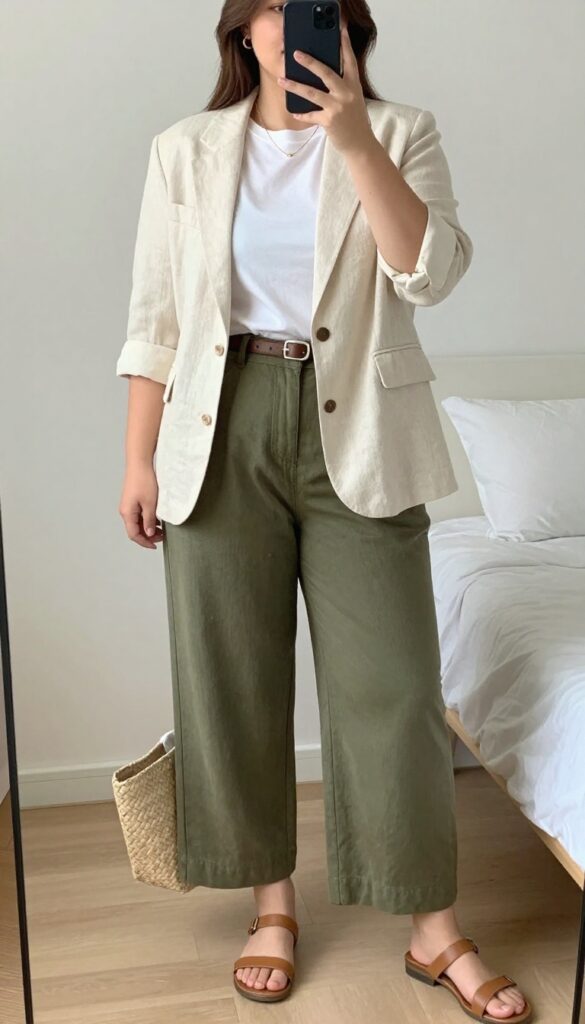 A woman in a cream linen blazer over a white tee, olive wide-leg trousers, tan sandals, and a woven tote, standing in a bright office or outdoor setting.