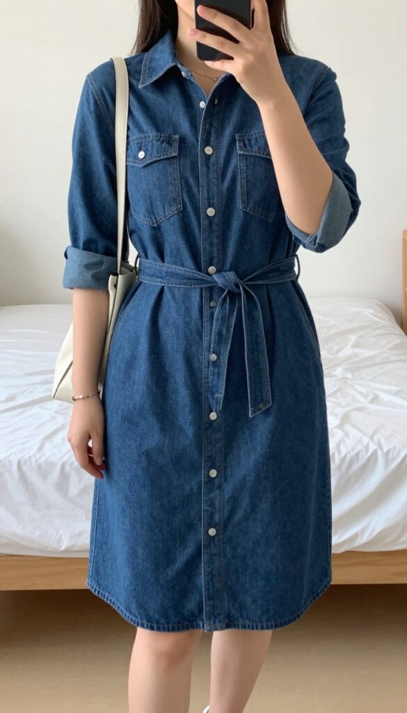 Woman in belted denim shirt dress with white sneakers, crossbody bag, minimal jewelry, standing in casual office setting.