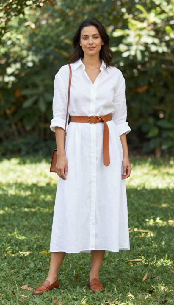 Woman in white linen shirt dress with tan belt and brown loafers in garden