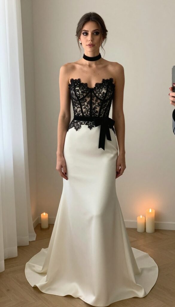 Adult woman with fair skin and dark hair wearing a deep ivory wedding gown with black lace appliqués and a black velvet bow at the waist, holding a small black bouquet in a dimly lit room with candlelight.