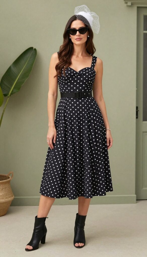 Woman in tea-length polka dot dress with sweetheart neckline and full skirt, cat eye sunglasses on head, peep-toe heels, birdcage veil, pearl earrings, bracelet, wide belt, standing by vintage car in natural light.