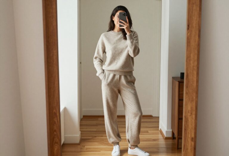 A mom in a matching neutral knit set and white sneakers takes a mirror selfie, holding a phone to partially cover her face, in a bright, modern home setting.