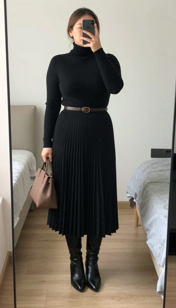 A woman in a turtleneck, pleated midi skirt, and knee-high boots, taking a mirror selfie in a bedroom, partially covering her face with her phone.