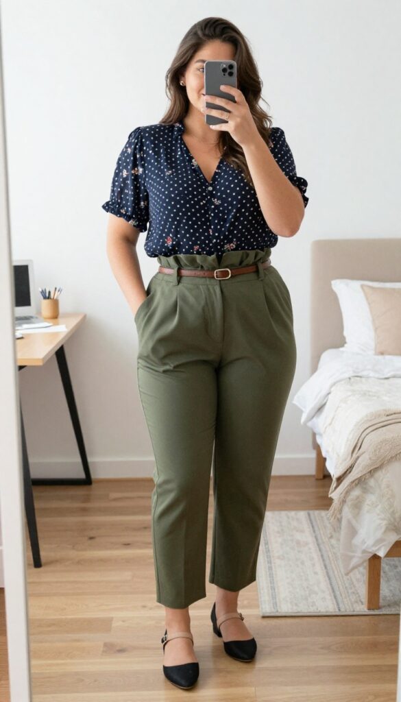 A woman in paperbag waist pants and a tucked-in blouse with T-strap flats, standing in a mirror selfie, phone partially covering her face.