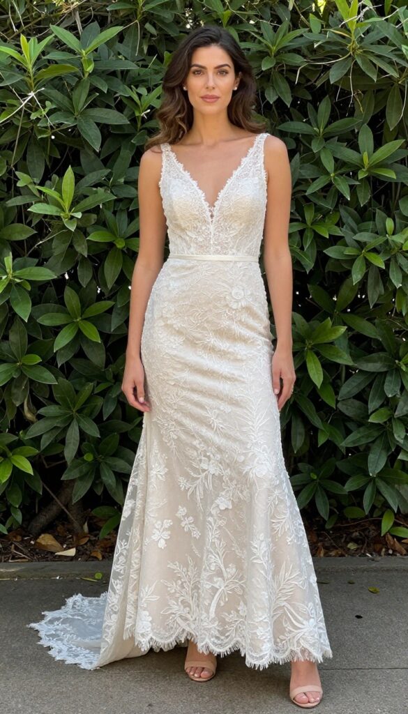 A young adult woman in a lace fit-and-flare wedding dress with a floral-embroidered train, standing in a sunlit garden, wearing nude block heels and minimal jewelry, with loose waves and a soft smile.