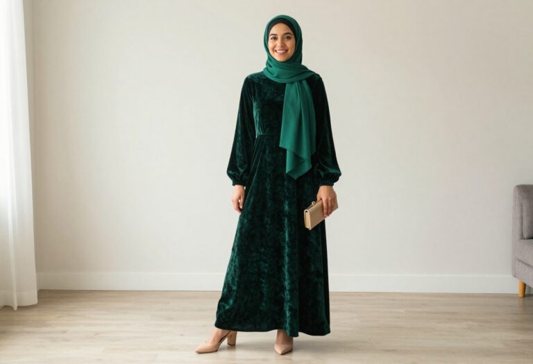 Hijabi woman in emerald velvet maxi dress with oversized bow, holding gold clutch, standing in bright living room