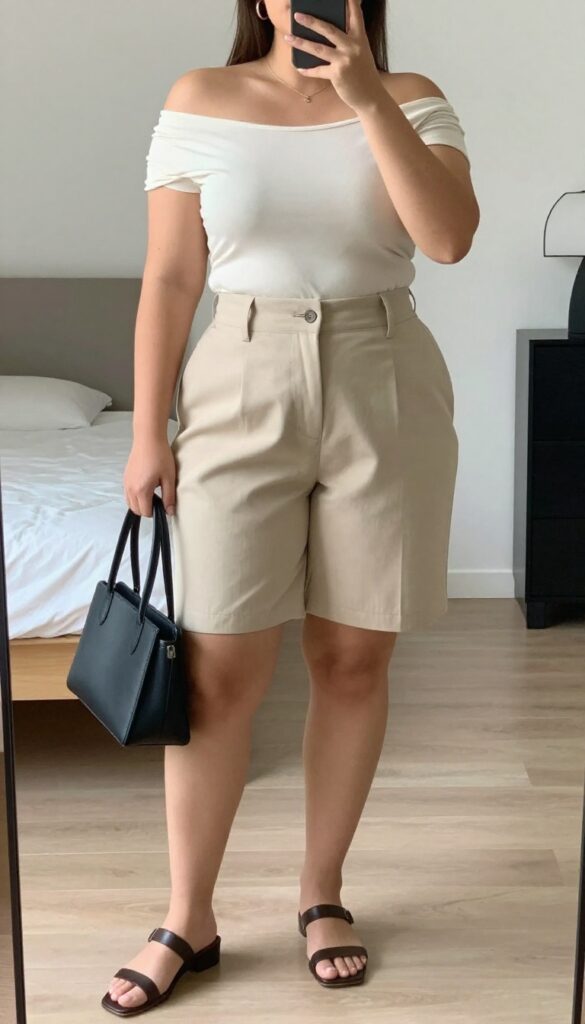 Woman in off-shoulder top, tailored shorts, and blazer posing in front of a mirror