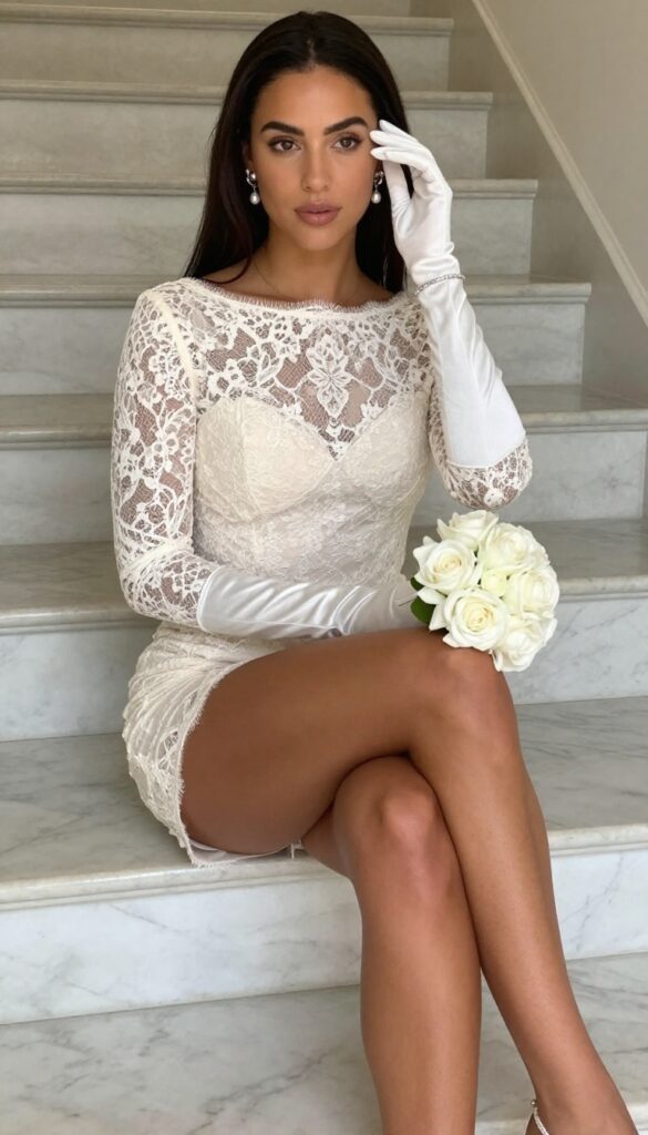 Woman in long-sleeve lace wedding gown with opera gloves holding white rose bouquet in grand indoor setting