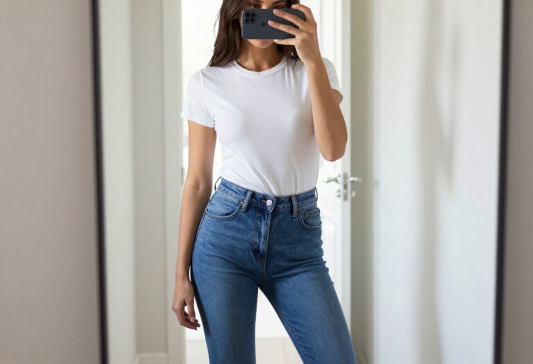 Woman taking a mirror selfie in a fitted white tee and high-waisted blue jeans, showcasing a casual yet polished first date outfit.