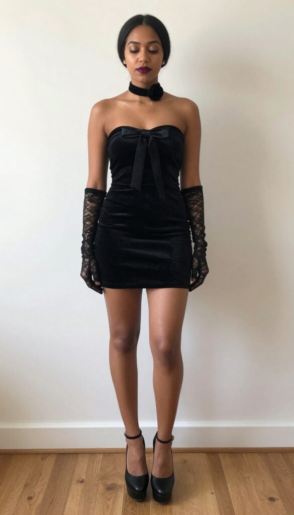 Woman in black velvet mini dress with back bow, lace gloves, and platform heels in courthouse hallway