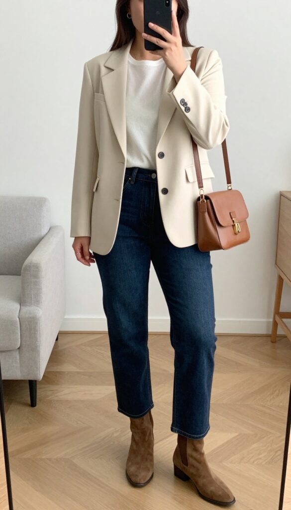 Woman in dark wash jeans, cream blazer, and ankle boots taking a mirror selfie in a bedroom, phone partially covering face.