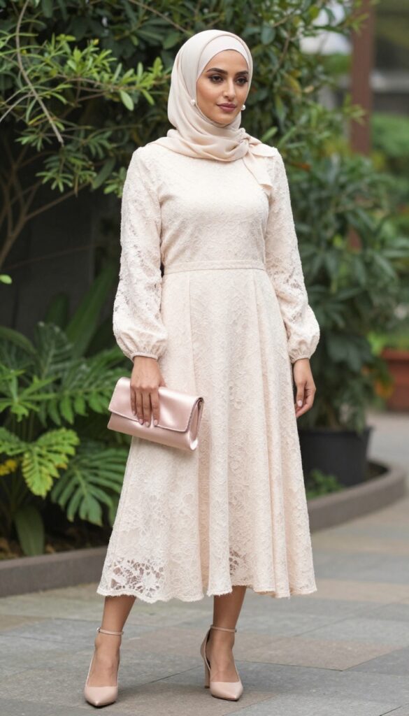 Hijabi woman in ivory lace A-line dress with bow neckline, pearl earrings, and satin clutch in garden setting