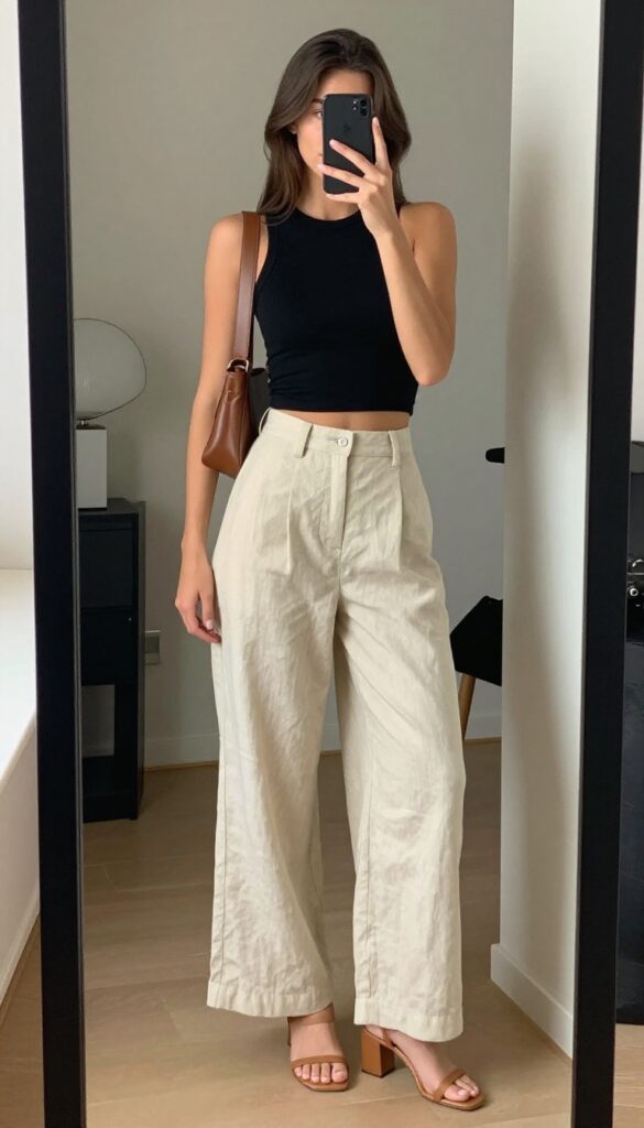 Woman in crop top and high-waisted wide-leg pants taking a mirror selfie, holding phone, summer night out outfit.