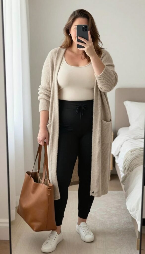 A plus-size woman in a cream nursing tank and oversized oatmeal cardigan with black joggers and white sneakers, taking a mirror selfie, holding a phone, with a large tan tote nearby.