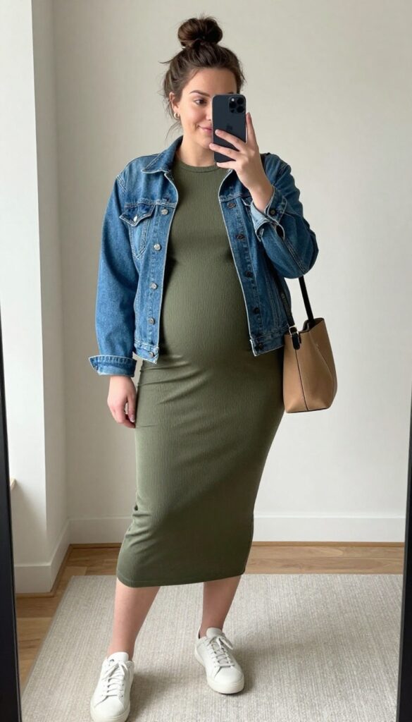 Plus-size pregnant woman in olive green stretchy midi dress and blue denim jacket, taking a mirror selfie. Casual maternity outfit with white sneakers and crossbody bag.