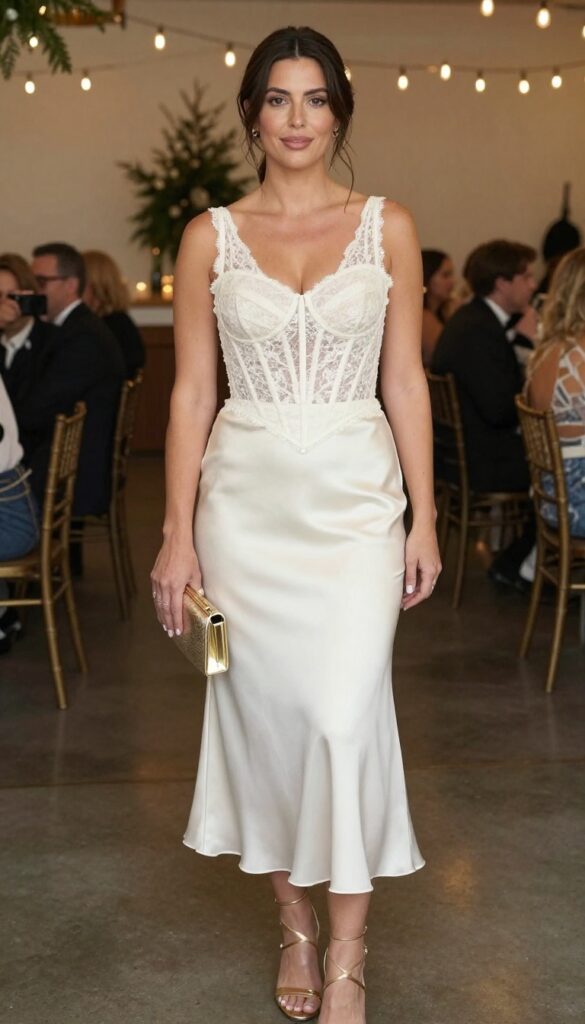 Young adult woman in corset wedding dress with sleek slip skirt, standing in reception venue with bistro lights