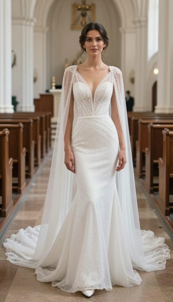 Bride in mermaid crystal wedding gown with flowing cape, standing in church aisle