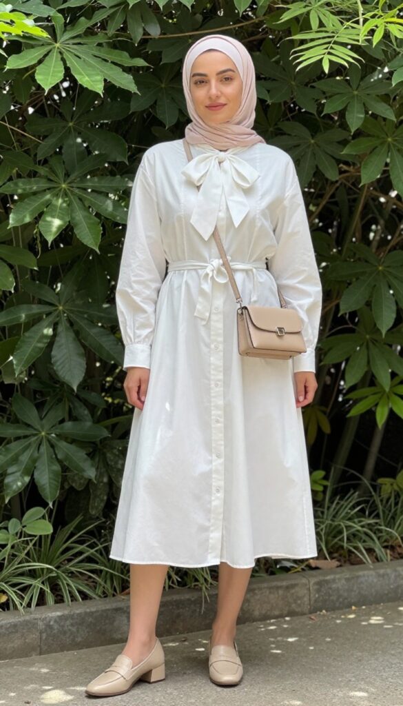 Adult woman in white shirt dress with bow collar, belted, beige loafers and crossbody bag, standing in sunlit garden, pastel hijab.