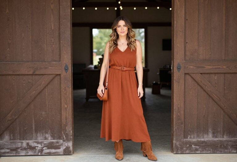 Woman in rust flowy maxi dress with suede fringe boots at boho barn wedding