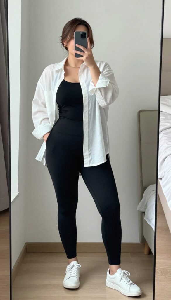A plus-size woman in a mirror selfie wearing black leggings and an oversized white button-up shirt over a black tank top, with white sneakers and minimal jewelry, in a bright, neutral-toned room.
