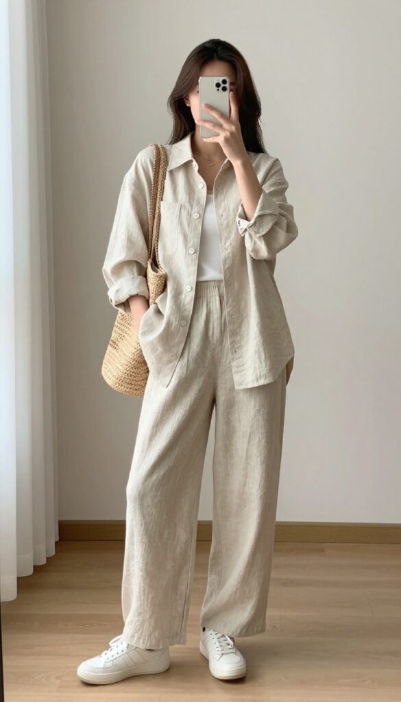 Woman in oversized beige linen shirt and wide-leg pants set, half-tucked, with chunky sneakers and straw tote, taking a mirror selfie.