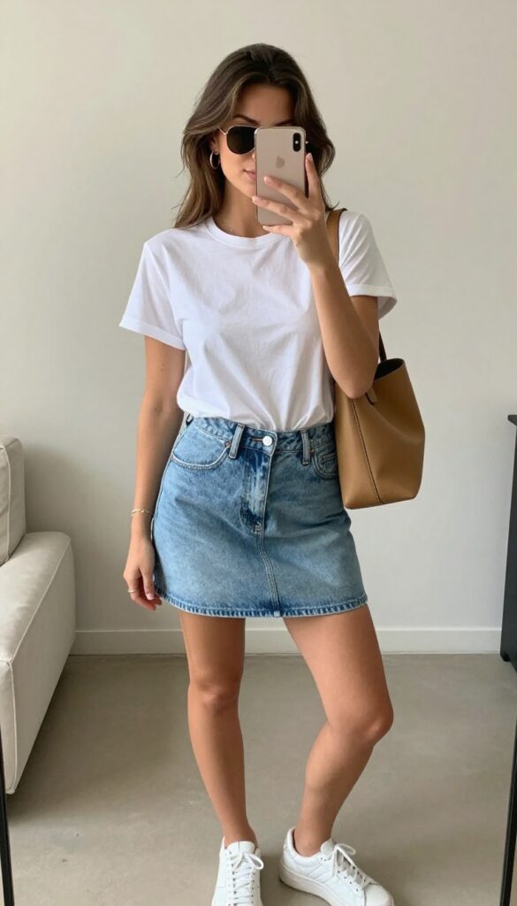 Woman in denim mini skirt and white tee taking a mirror selfie, showcasing a casual summer outfit with sneakers and crossbody bag.