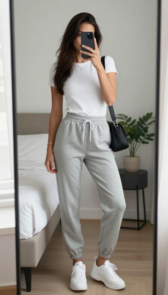 Woman in fitted white baby tee and light gray jogger sweatpants taking a mirror selfie, with chunky sneakers and a small black bag.