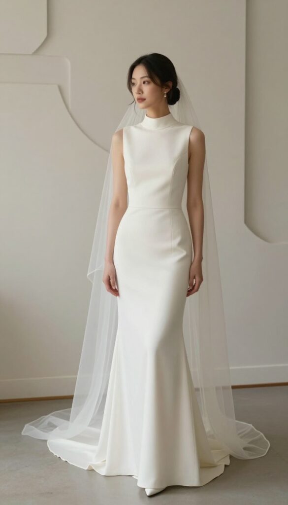 Bride in high-neck sleeveless crepe wedding dress with single-tier fingertip-length veil, simple low bun, minimal jewelry, standing in bright airy room with art-deco geometric wall pattern, modern elegant wedding outfit photo.