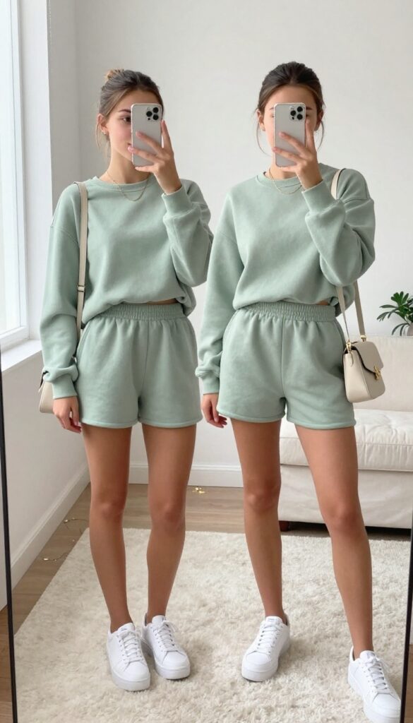Teen girl in a sage green matching lounge set and white sneakers, taking a mirror selfie in a bright bedroom.