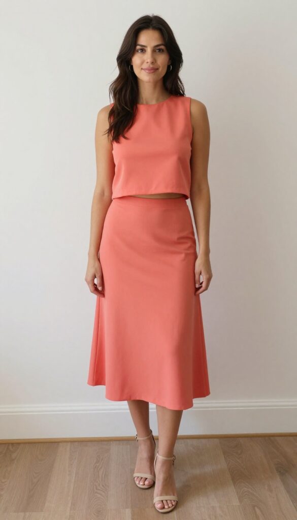 Adult woman in coral two-piece set with nude block heels and gold hoop earrings, standing in bright modern indoor venue.