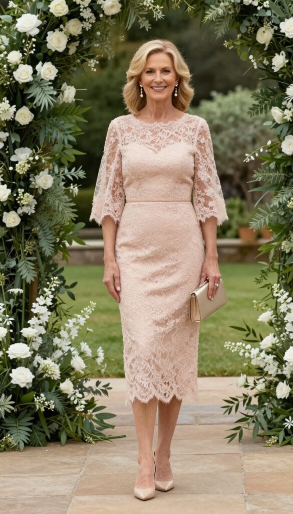 Mother of the bride in blush lace A-line gown with illusion sleeves, nude heels, and champagne clutch at garden wedding with sage green arches.