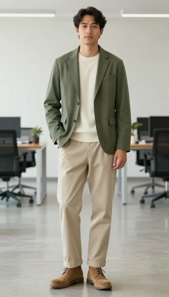 Man in olive blazer, cream sweater, beige chinos, and suede desert boots standing in modern office lobby.