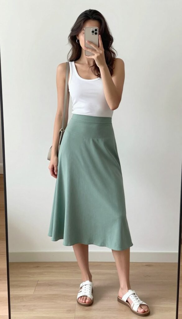 Woman taking a mirror selfie wearing a flowy midi skirt and basic tank top, with flat sandals and a crossbody bag, in a bright airy room.