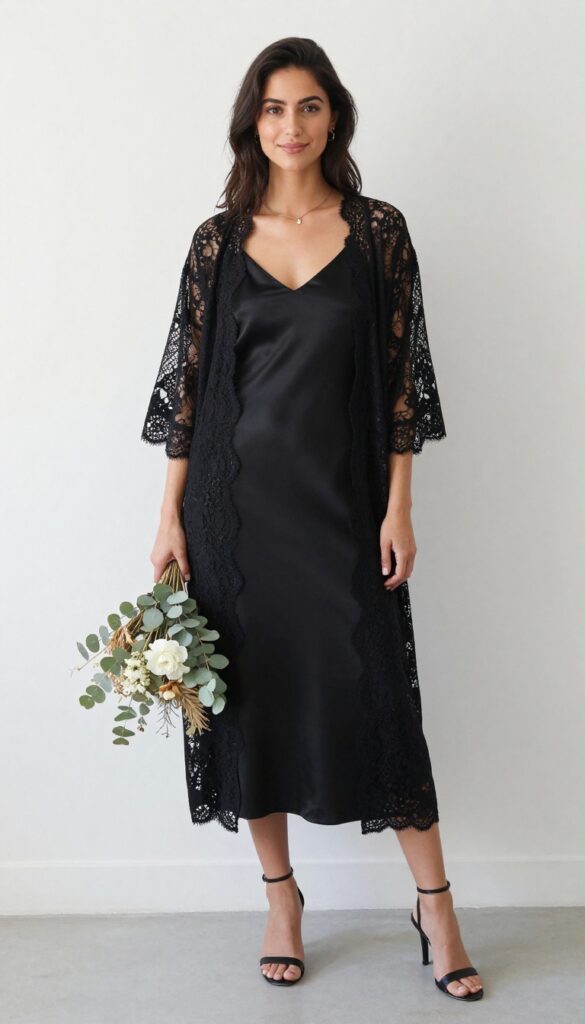 Black satin slip dress with long black lace kimono, strappy heels, small clutch, and dried flower bouquet for a boho gothic wedding outfit.