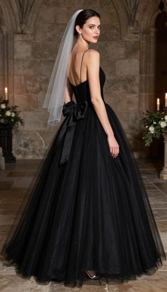 Woman in black tulle ballgown with back bow in gothic ballroom