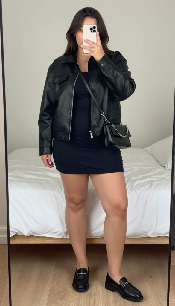 A woman in a black leather jacket over a neutral shift dress, paired with loafers and a chain-strap bag, standing in a mirror selfie pose.