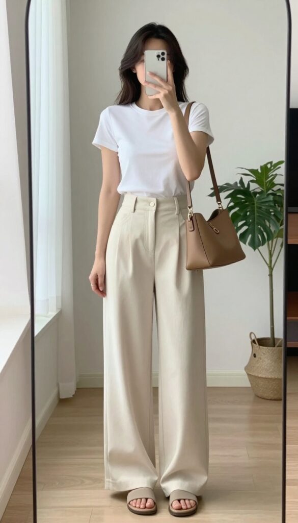 Modern mom outfit idea: high-waisted wide-leg cream pants paired with a cropped white tee, tan slides, and a structured handbag, captured in a bright mirror selfie.