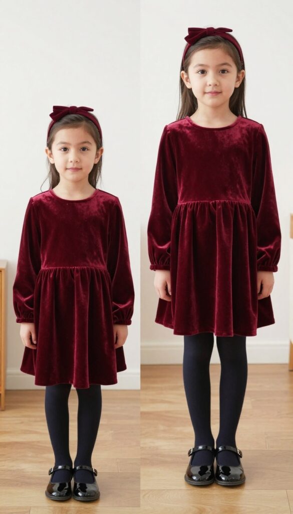 Baby girl in burgundy velvet dress with navy tights and Mary Janes, standing on wooden floor in living room, gentle smile.