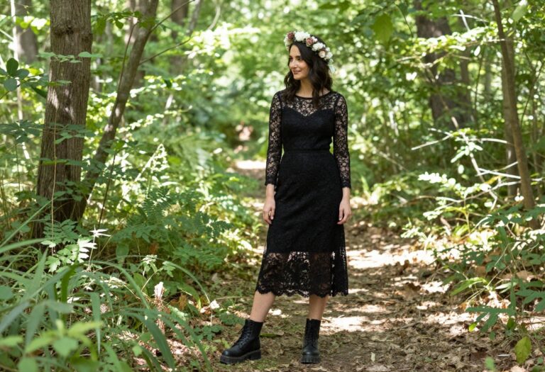 Woman in black lace wedding dress with flower crown and combat boots in forest